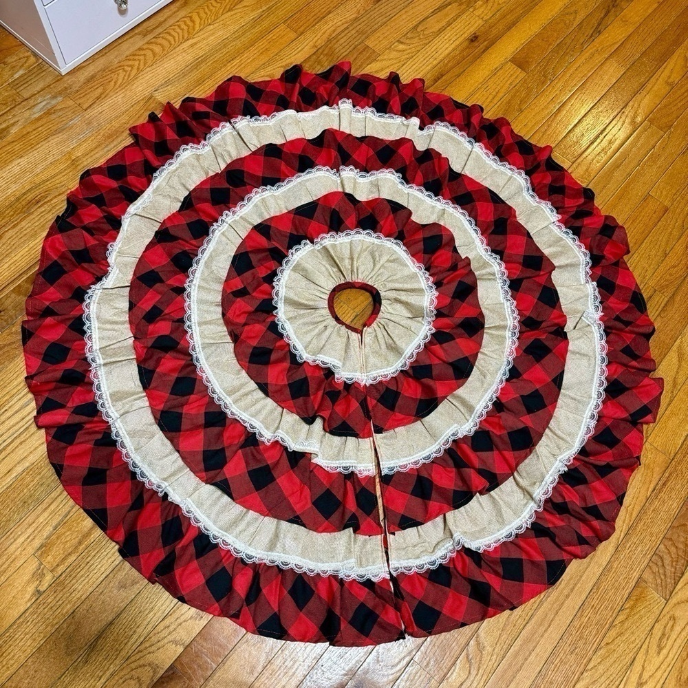 Holiday Buffalo Plaid and Burlap Lace Layered Christmas Tree Skirt 48” Red Black - Picture 4 of 7